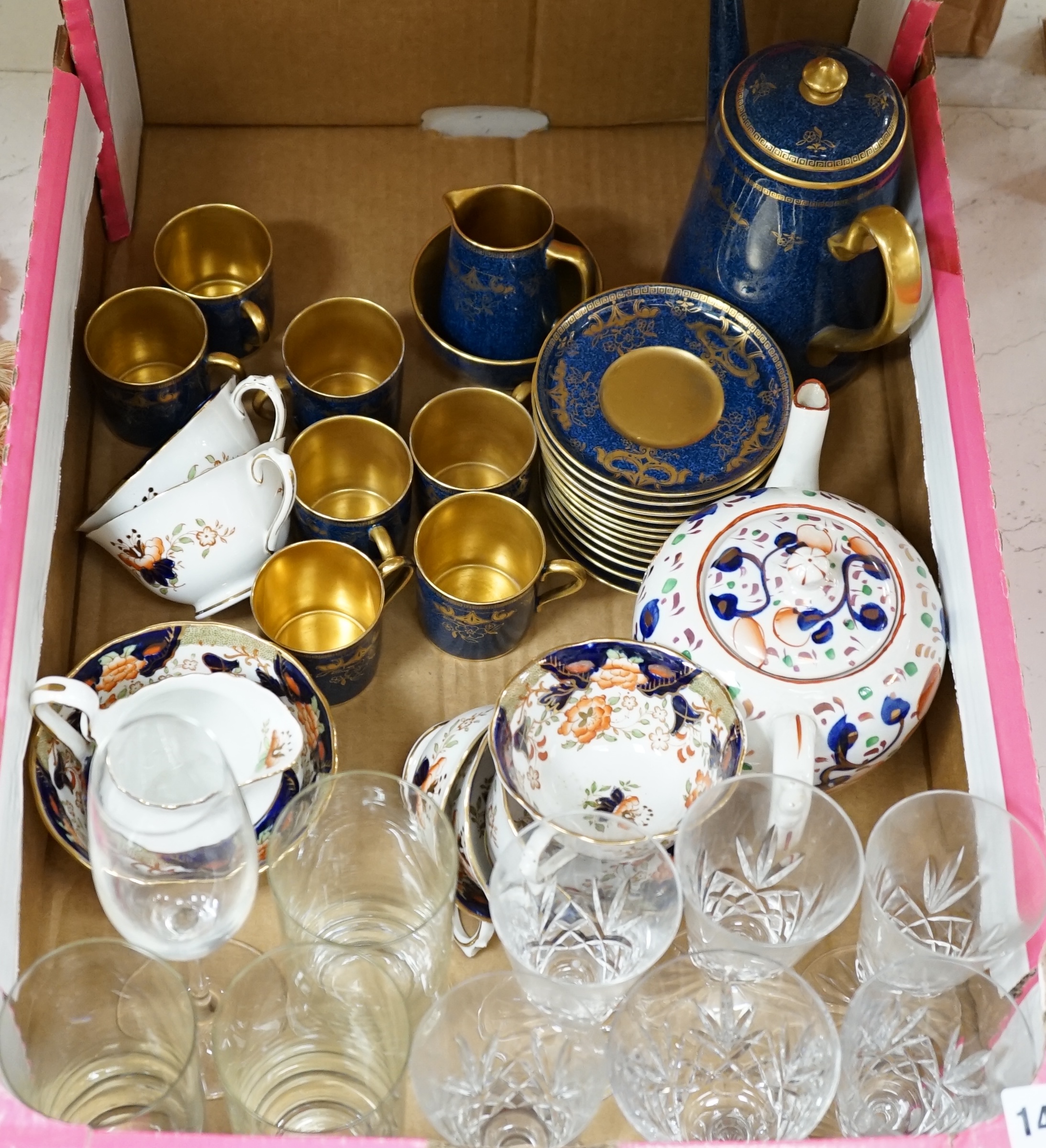 A Collingwood powder blue and gilt bone china part coffee set together with mixed glassware and New Chelsea part tea set